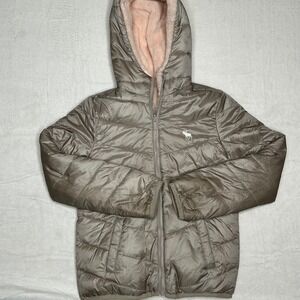 Abercrombie Kids Puffer Jacket Hooded Reversible Pink Lined Zip Gray Girls 11/12